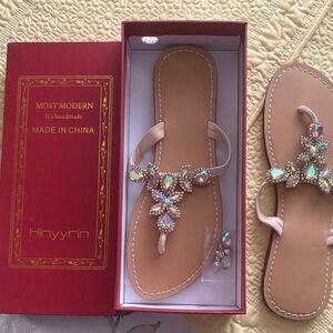 Tan Sandals with Crystal Embellishments